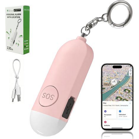 Alarme Personnelle avec Localisateur 2-en-1, 130dB Alarme de Poche Rechargeable avec Lumière LED, Traqueur Clef Alarmes de Sécurité pour Enfants Femmes Autodéfense d'urgence-Rose (1/5)