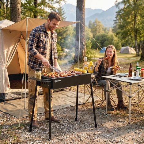 Barbecue au charbon de bois avec 2 grilles en acier inoxydable, barbecue portable avec 2 porte-épices pour le camping, 94 x 39 x 70 cm, noir (1/5)