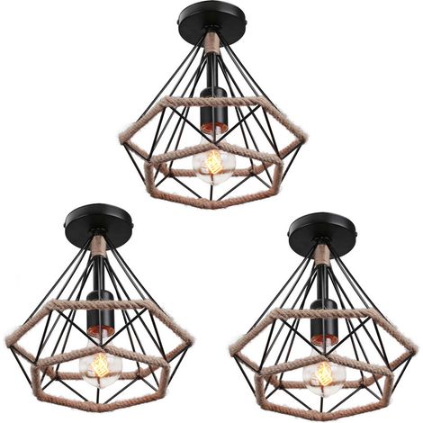 3pcs Plafonnier Cage Diamant E27 Lustre Suspension en Corde de Chanvre Noir (1/5)