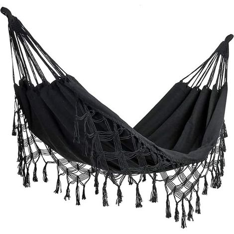 Hamac double pour la maison ou l'extérieur - Pour intérieur et extérieur - En coton doux - Pour deux personnes - Pour terrasse, jardin, porche, pelouse et jardin - Noir - Charge maximale : 227 kg (1/5)
