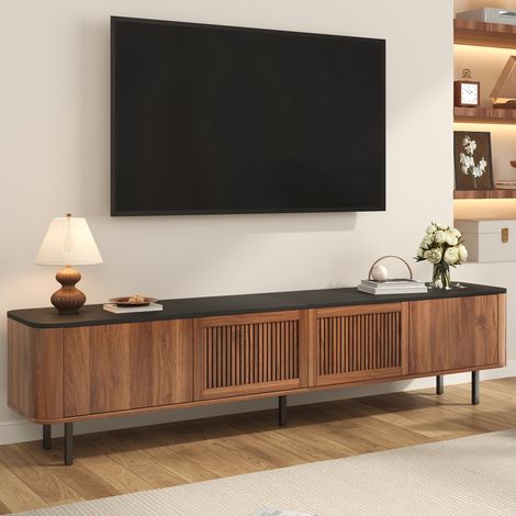 Meuble TV moderne noir et noyer à portes grillagées 190 x 35 x 45 cm (1/5)