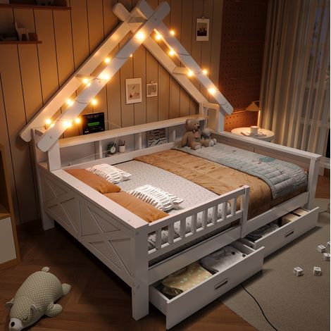 Hausbett 140x200 cm Weiß aus MDF, Kiefer und Sperrholz mit LED-Beleuchtung, Stauraum und Schutzgitter (1/5)
