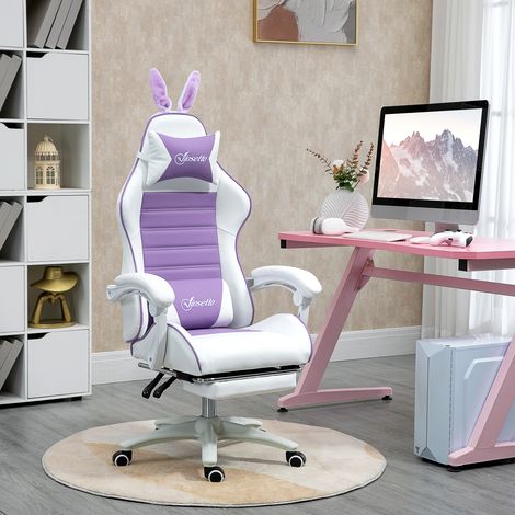 Chaise de jeu ergonomique avec soutien lombaire, repose-pieds, oreilles de lapin, appui-tête, violette (1/5)