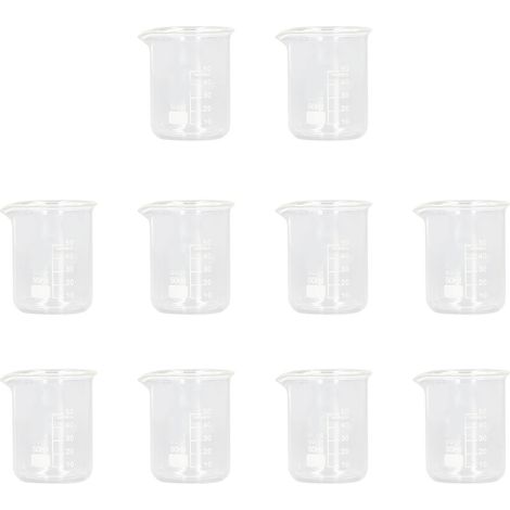Lot de 10 béchers en verre de laboratoire 50 ml, épais, gradués et transparents avec échelle standard (1/5)