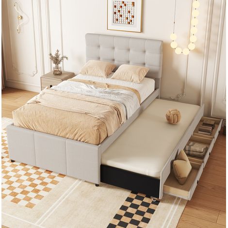 Cama tapizada minimalista 90x200 cm beige con cama nido 90x190, 3 cajones y cabecero regulable (1/5)
