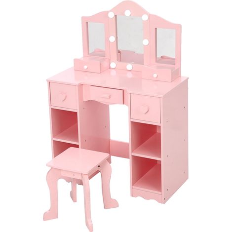 Coiffeuse enfant en bois avec miroir pliable, tabouret et rangements – Table de maquillage princesse pour fille, meuble multifonction chambre d’enfant – Couleur : rose (1/5)