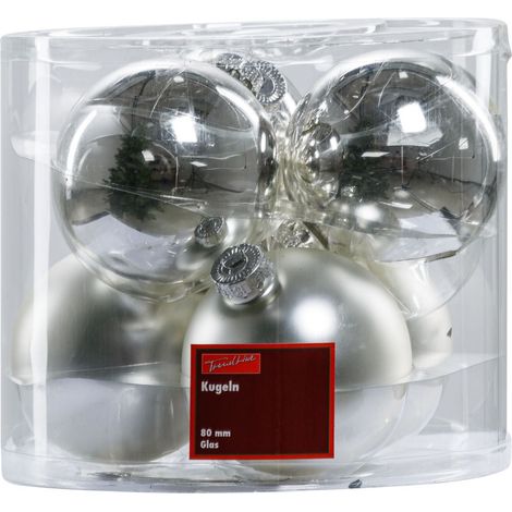 TrendLine Christbaumkugeln 6 Kugeln Ø 8 cm Glas Silber Weihnachtskugeln