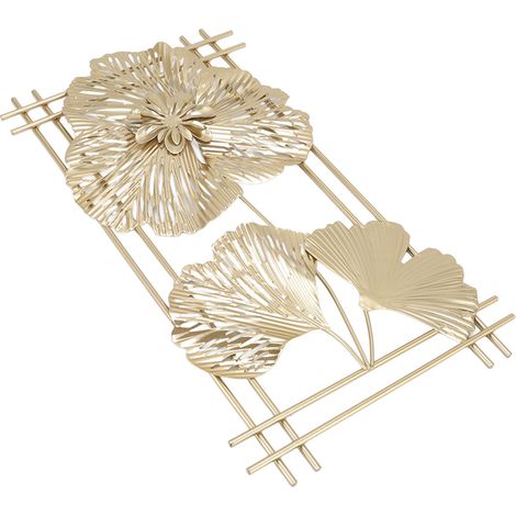 Décoration murale moderne et minimaliste en métal doré représentant une feuille de ginkgo, idéale pour une chambre, un salon, un hôtel ou un café. (1/5)
