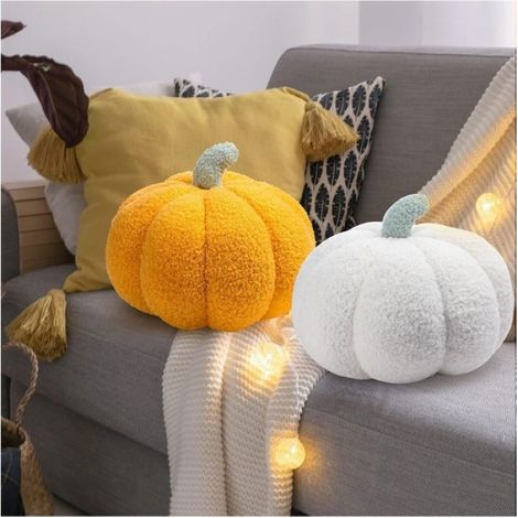 2PCS Decoration Automne Coussin Citrouille Peluche,Décoratif Coussin Oreiller Forme de Citrouille Deco Automne (Blanc,Jaune COUSSIN (1/4)