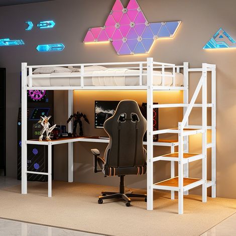 Lit mezzanine avec bureau et rangements en métal blanc OKMYHOME (1/5)