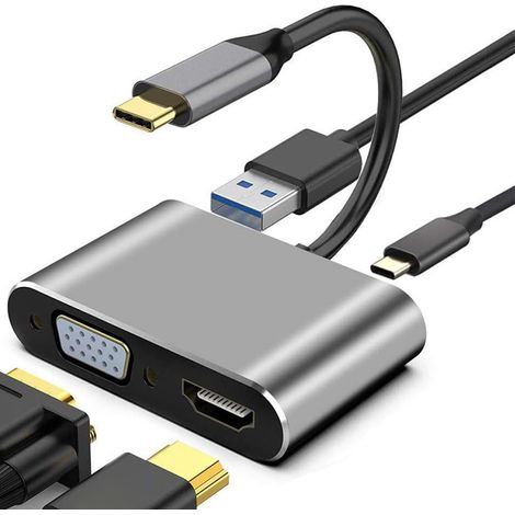 Applicable USB C to HDMI VGA Adapter, 4-in-1 USB C Hub with 4K HDMI, 1080P VGA, PD 60W Charging, USB 3.0 Data Port for Data Transfer, OTG Adapter, Compatible with MacBook, iPad, Samsung Phones (1/4)