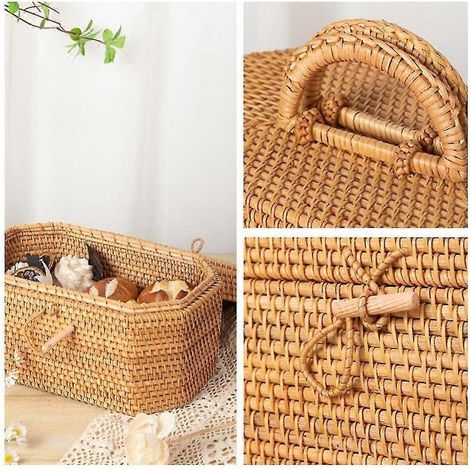 Boîte de rangement en rotin tressé à la main avec poignée, contenant pour thé et aliments, panier à pain et fruits pour pique-nique, boîte décorative