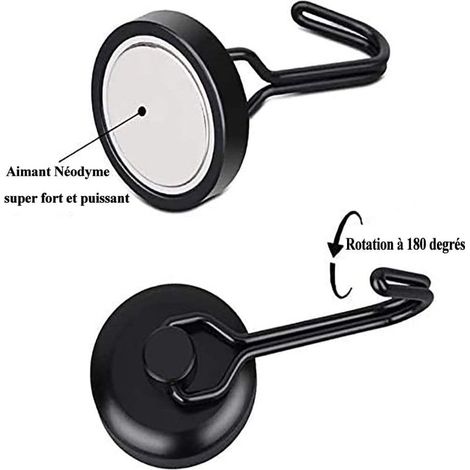Pack de 10 puissants crochets magnétiques rotatifs en néodyme noir d'une capacité de 15 kg pour vaisselle de cuisine. (1/5)