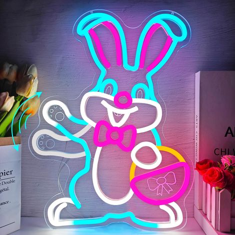Lampe lumineuse néon de Pâques, lapin qui fait coucou, intensité variable, lapin printanier portant un panier d'œufs, lumière LED, décoration de fenêtre de Pâques, joyeuses Pâques à la maison (1/5)