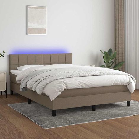 Cama box spring colchón y luces LED tela gris taupe 140x190 cm (1/5)