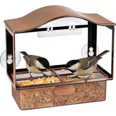Vogelfutterhaus aus Metall fürs Fenster, mit verstärktem Saugnapf und Haken zur Befestigung, herausnehmbarer Schale und wetterfest. Ideal zur Beobachtung von Wildvögeln, ein tolles Geschenk für Großel (1/5)