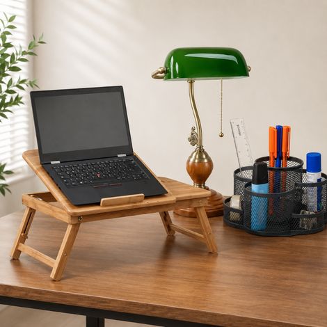 Set da scrivania per l'ufficio (3 pezzi) – Supporto per laptop in bambù, portapenne girevole e lampada da scrivania in stile retrò (1/5)