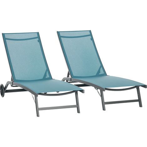Set di 2 lettini prendisole in alluminio e textilene con ruote, schienale reclinabile, portata massima 150 kg,blu.