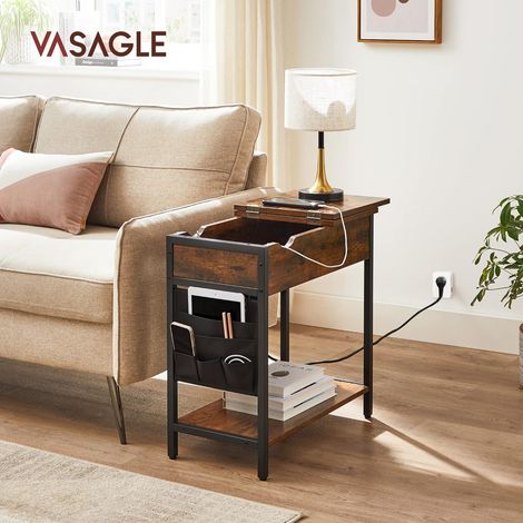 Vasagle – Table d'appoint rabattable avec prises USB – Bout de canapé marron rustique et noir – Espace de rangement intégré – Dimensions 60x31,5x60 cm