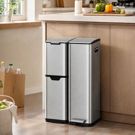 Poubelle de Cuisine Tri Sélectif 3 Compartiments 60 L avec Pédale 46,7 x 39 x 71,9 cm Argent (1/5)
