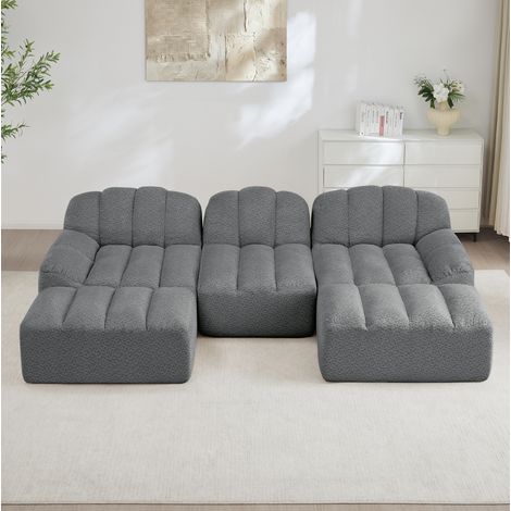 Modulares U-förmiges Sofa grau aus Granulierter Fleece mit 2 Ottomane und tiefer Sitzfläche (1/5)