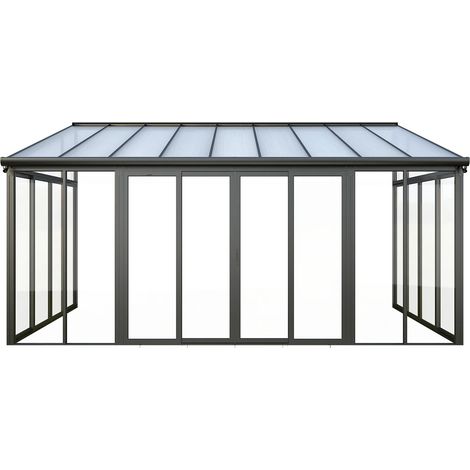 Vente-Unique – Véranda en aluminium et polycarbonate 16 m² – Protection UV – 3 portes coulissantes – Gris anthracite – Installation facile (1/5)
