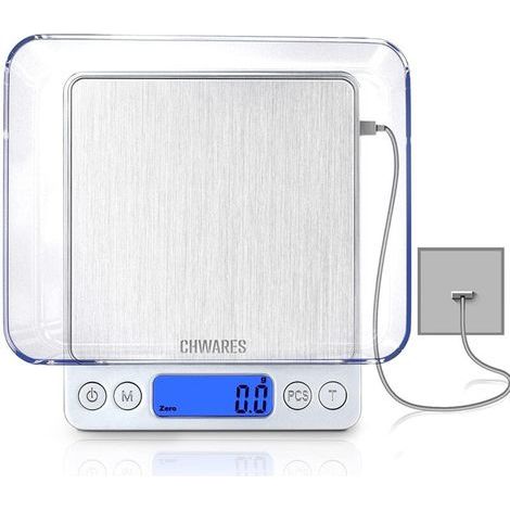 ZOLGINAH Digitale Küchenwaage, USB-aufladbar, 3 kg/0,1 g, Mini-Elektro-Küchenwaage, wasserdicht, LCD-Display, Edelstahl, für Zutaten, Kaffee (1/5)