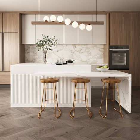 Îlot central de cuisine extensible pour salle à manger - Plateau effet marbre blanc - 205‑268 cm - Style moderne, avec rangement