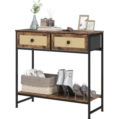 Console en rotin avec étagère ouverte et 2 tiroirs, 80x30x75 cm, marron rustique