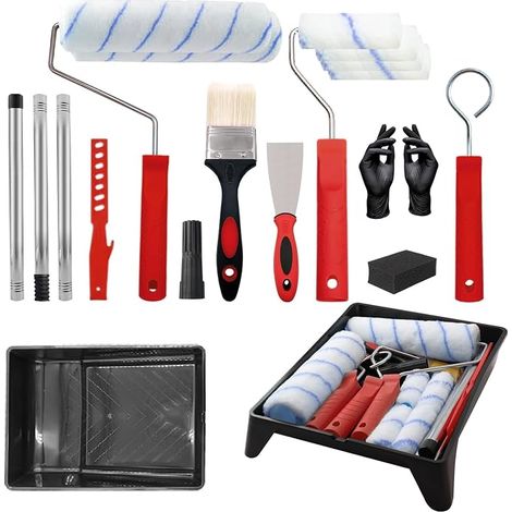 Lot de 19 rouleaux de peinture - 20,3 cm - Avec barre d'extension en acier inoxydable - Rouleau mélangeur et bac - Housse de rouleau en microfibre pour mur et plafond (1/5)