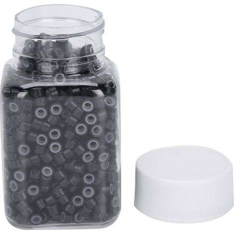 Micro-anneaux aluminium pour extension de cheveux, bagues à boucle avec revêtement silicone, liens micro perles 1 noir, outil de pose discret et durable (1/5)