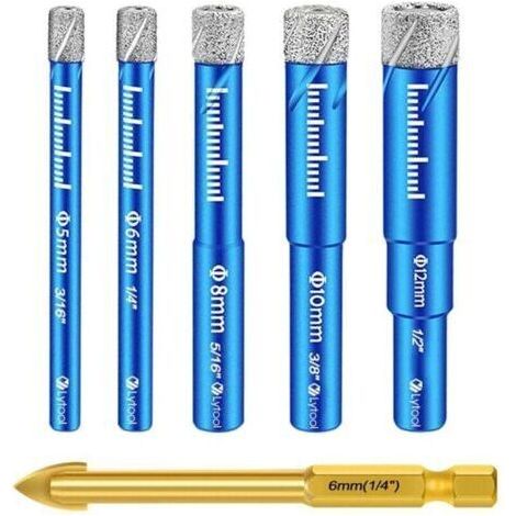 Tile drill set, diamond drill for drilling porcelain stoneware with 5, 6, 8, 10, 12 mm, metal drill for 6 mm tiles, ceramic drill for glass, granite, marble, quartz, hard materials (1/4)