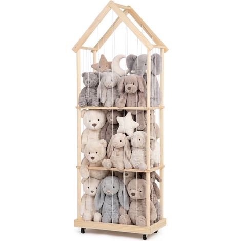 Todeco Rangement Peluche de Enfant avec freins à 360°, 164x32x58cm, Range Peluche en Bois Gain de Place pour Salle de Jeux, Salon, 3 couches (1/5)