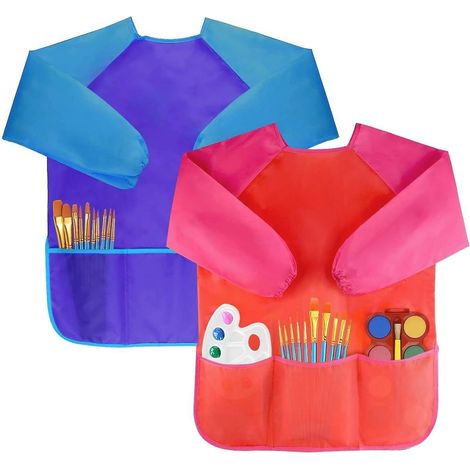 2 Tabliers Impermables Pour Enfants (bleu Et Rouge), 2-8 Ans, Tablier De Peinture, Tablier Manches Longues (1/5)