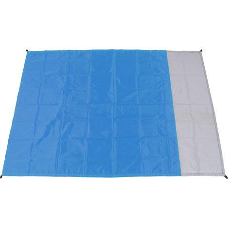Couverture de plage imperméable et portable en polyester, tapis de pique-nique pliable pour camping et pique-nique en extérieur, bleu foncé et gris.