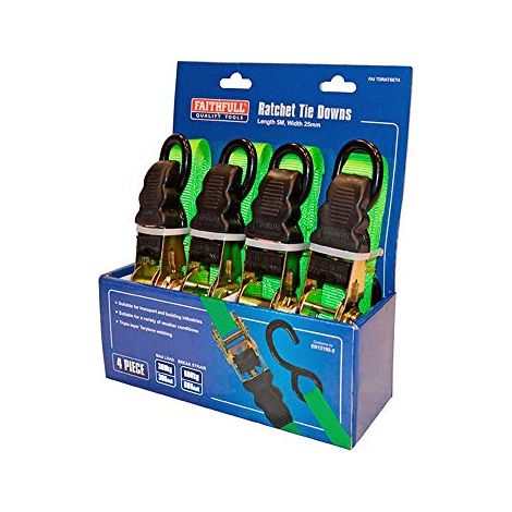 Faithfull FAITDRATSET4 Ratchet Tie Downs, 5 m x 25 mm, Multi (1/3)