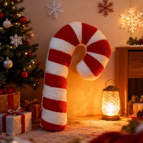 Coussin Noël Forme Sucette - Coussin Rond Décoratif Blanc - Rembourrage Doux en Peluche - Pour Canapé Lit Bureau - 35 x 15 cm - 1 Pièce (1/5)