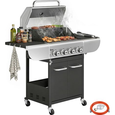 Outsunny barbacoa de gas con 4 quemadores 12,8 kw con termómetro mesas laterales armario rejilla calentadora parrillas de hierro recogedor 4 ruedas (1/5)