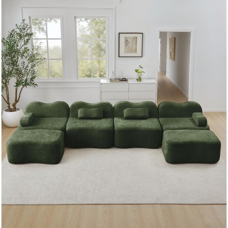 Sofá modular en U verde de terciopelo con 4 plazas y 2 otomanas, diseño ondulado (1/5)