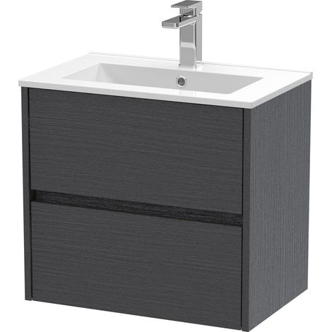 Chartley Contemporary 2 Drawer Wall Hung Vanity Unit with Minimalist Basin, Graphite Grey Woodgrain, 600mm