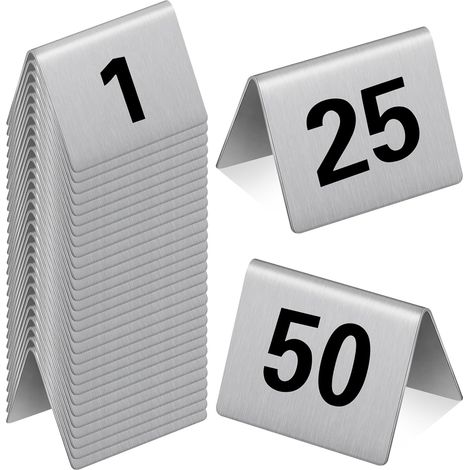 50 Pcs Stainless Steel Table Numbers Tent Style Restaurants Table Number Card Tent Cards for Cafes Bars Party Banquets Food Service Wedding Evidence Markers Supplies, 2 x 1.6 Inches (1/5)
