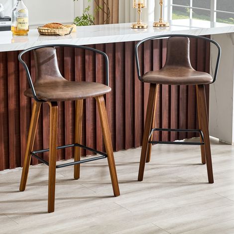 Ensemble de 2 tabourets de bar avec accoudoirs, revêtement en tissu effet peluche/cuir PU, pieds en bois, repose-pieds en métal, style scandinave moderne (1/4)