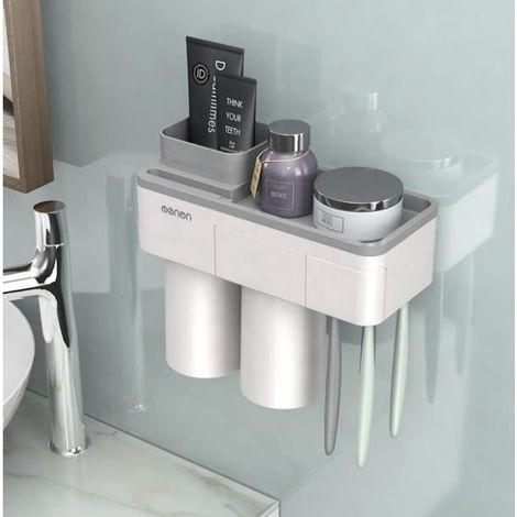 1 Porte-brosse à dents mural, support magnétique avec 2 tasses, design inversé anti-humidité, salle de bain grise