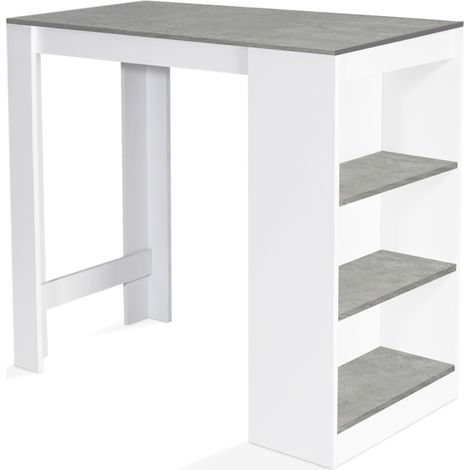 Idmarket – Table de bar 2 à 4 personnes bois blanc – Plateau effet béton – Dimensions 110x50x103cm – Structure stable avec compartiments de rangement