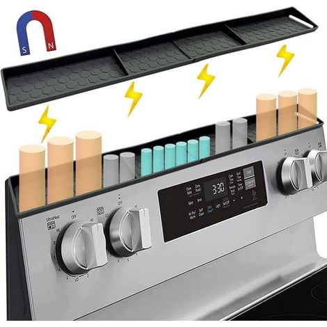 Stove Top Shelf 30 Inch - Silicone Material Magnetic Shelf for the Stove - 3 Functional Partitions Kitchen Spice Rack Organizer - Dark Grey (1/5)