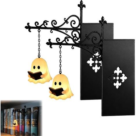 Serre-livres métalliques 2 pièces avec lampe – Lanterne de bibliothèque à suspension vintage – Supports de livres décoratifs avec éclairage – Pour étagère et bibliothèque – Noir (1/5)