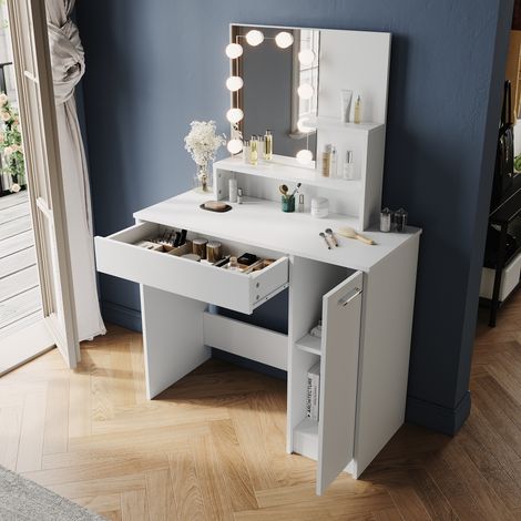 Elegant White Dressing Table with HD Mirror, Drawer Storage Cabinet, Bedroom Vanity, Dresser Single Table + 3-color LED Light