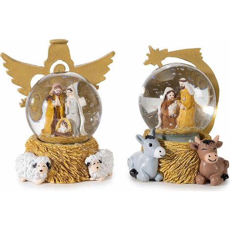 Palle a neve con glitter sagomata a presepe e base con decori a tema in resina, set da 4 pezzi
