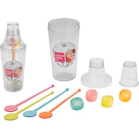 EXCELLENT coctelera plastico &43 accesorios 9 piezas 23x8 cm , Cocktelera plástico con accesoriosIncluye: 4 mezcladores, 4 hielos, un vaso medidor y la cockteleraMaterial: pl