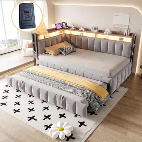 Canapé lit gigogne 90x200 cm avec lit tiroir, éclairage LED et rangements, lit banquette 1 place avec ports USB, velours gris clair (1/5)